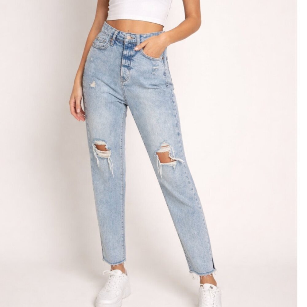 Old Navy High Rise OG Straight Distressed Jeans Size 4 Light Wash Denim